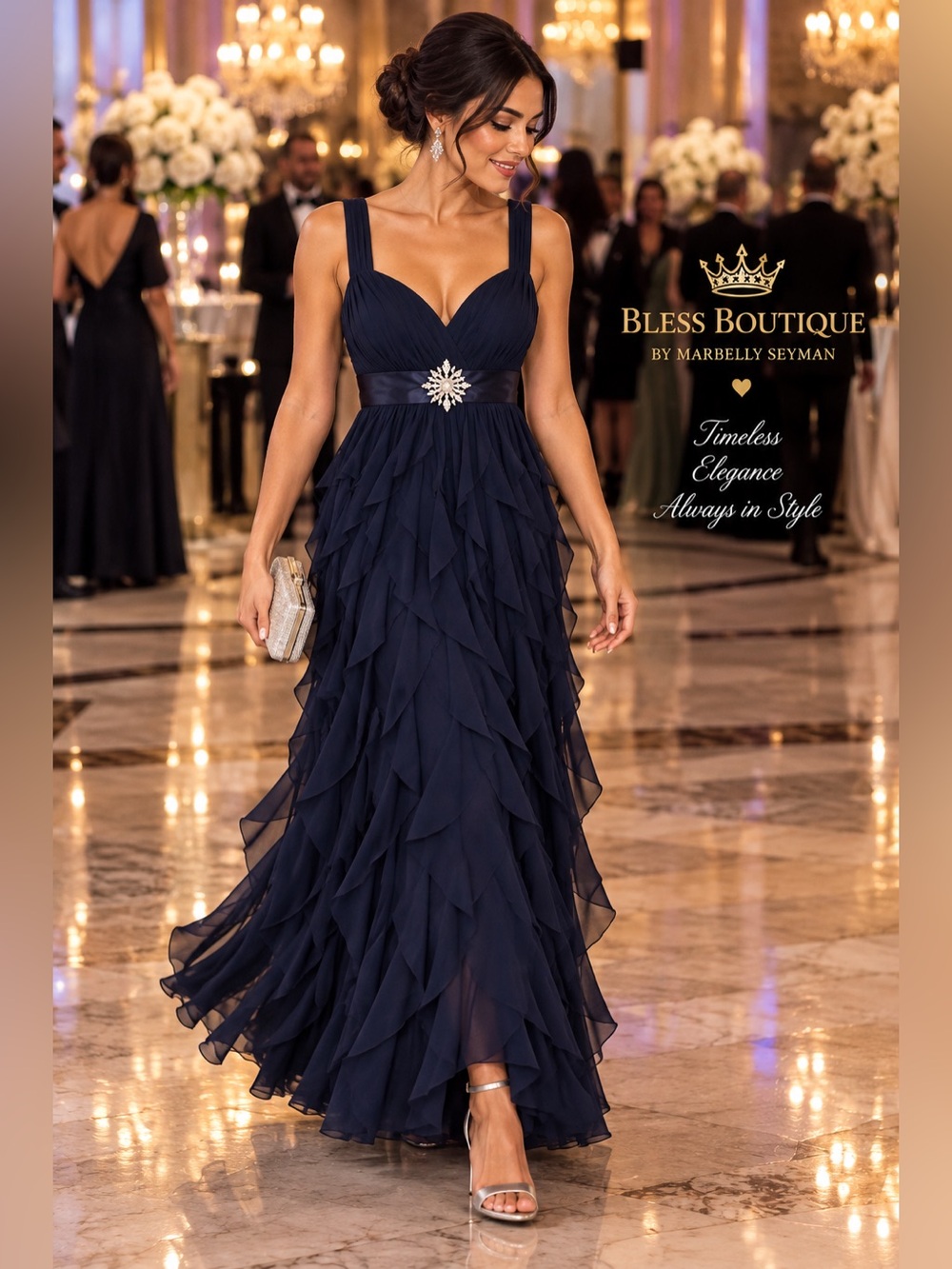 Betsy & Adam Navy Blue Ruffle Crystal Brooch Midi Formal Dress S